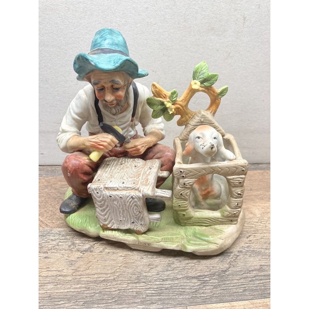 Vintage Norleans Japan Bisque Porcelain Old‎ Man & Dog Figurine - Missing Knife
